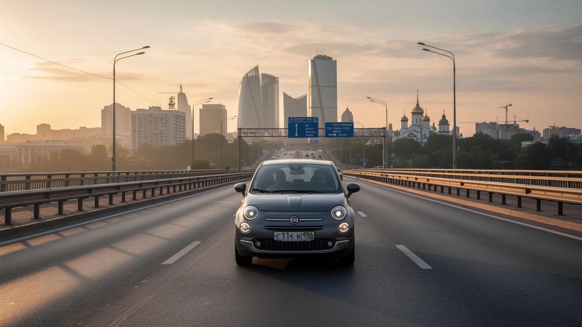 Compact rental car on a multi-lane road entering Kyiv at sunrise