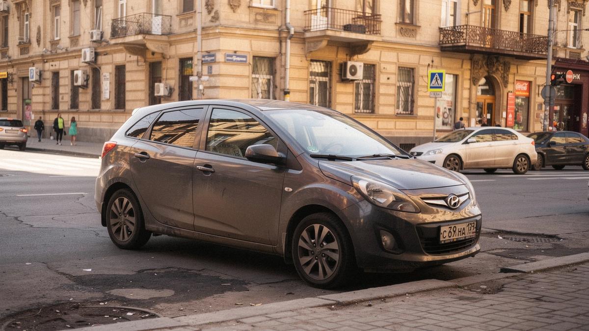 A compact rental car parked on a Kyiv city street near historic architecture