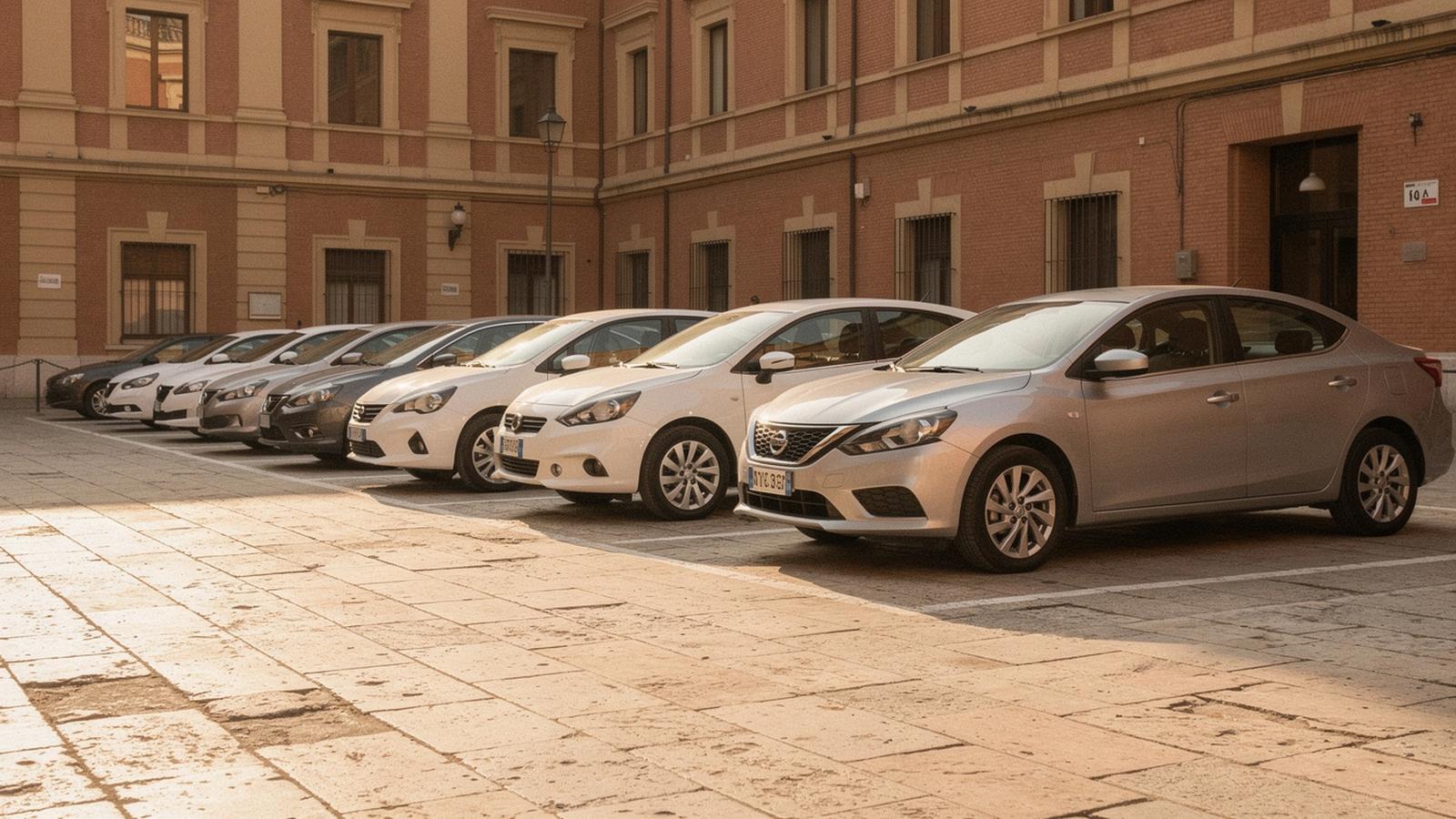 Row of rental cars parked at a city pickup point