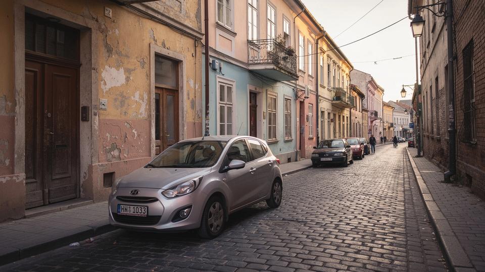 Compact hatchback parked on a narrow street in the old town of Kyiv