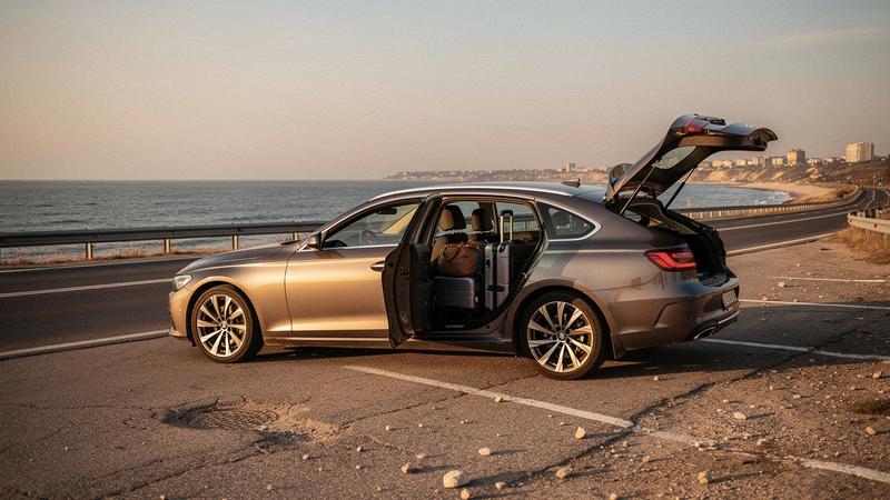 Estate car loaded with weekend luggage on a coast road near Odesa