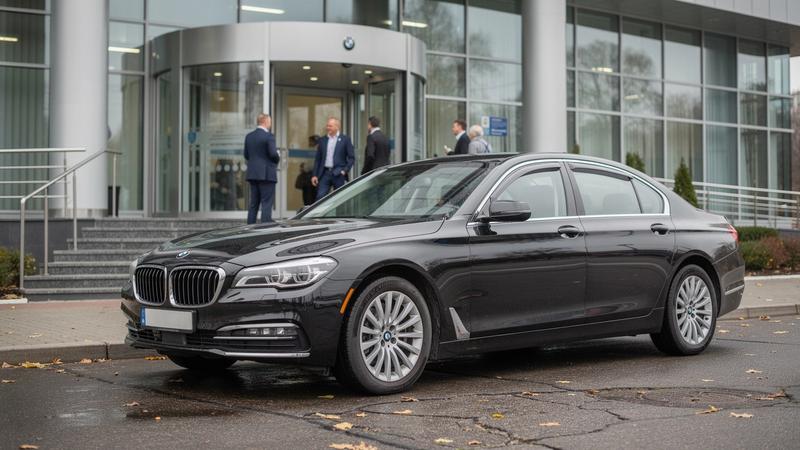 Executive sedan waiting outside a business centre entrance in Kyiv