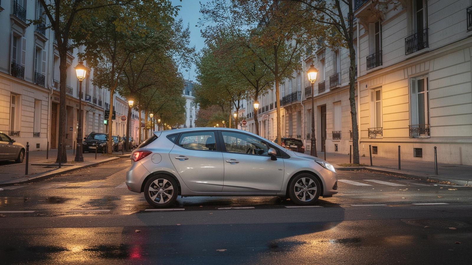 Compact rental car parked on a quiet Kyiv side street in the evening light