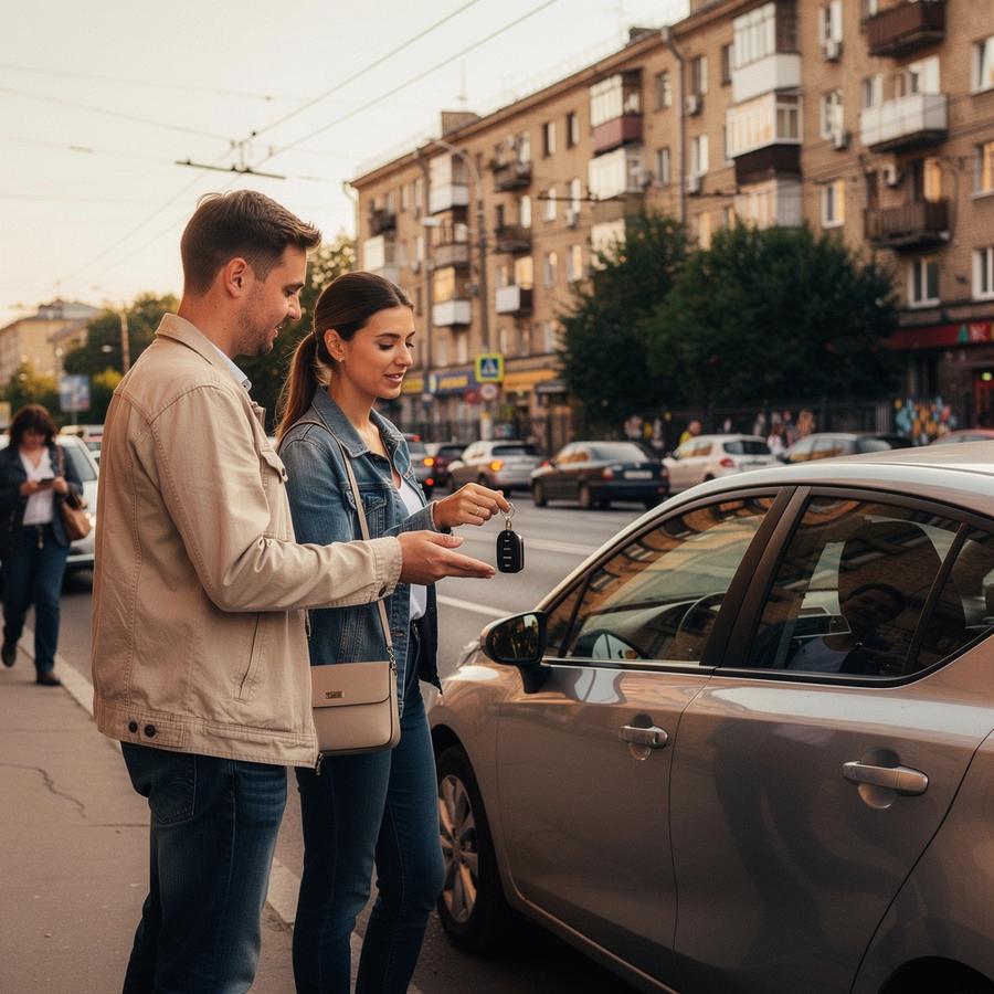 Rental agent handing car keys to a driver on a Kyiv street