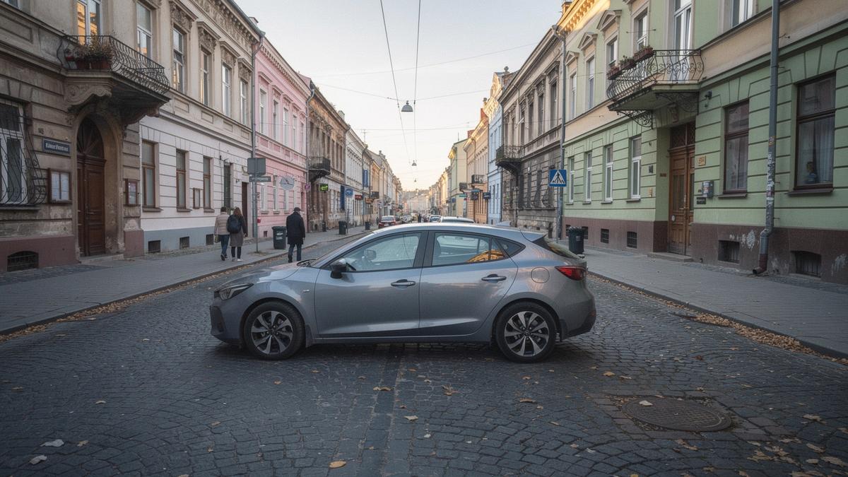 Compact city car parked on a central street in Lviv during a rental trip