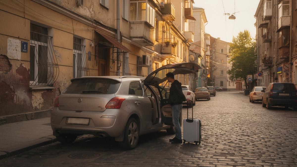 Compact hatchback parked on a cobbled Kyiv street while the driver loads a small suitcase