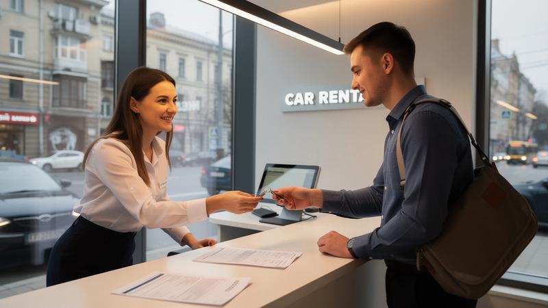 Rental agent handing car keys to a driver at a city counter