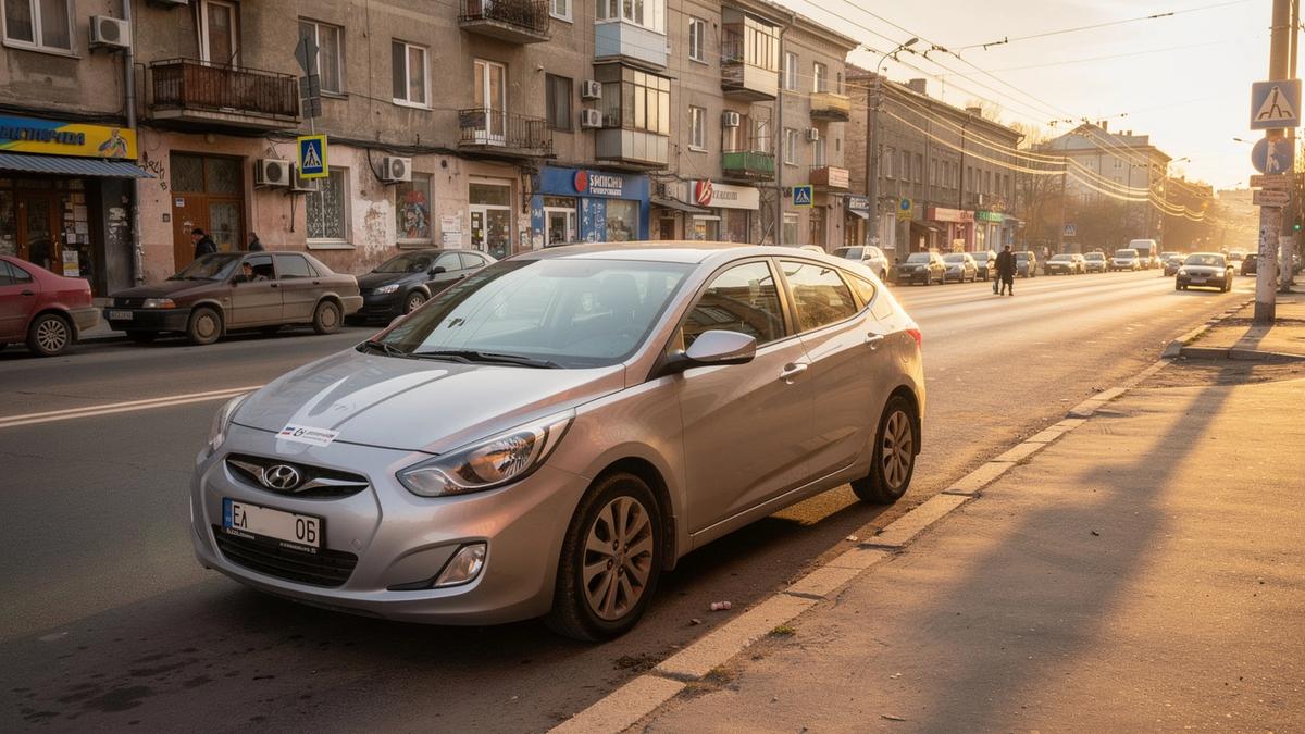 Clean rental car parked on a sunlit city street in Ukraine
